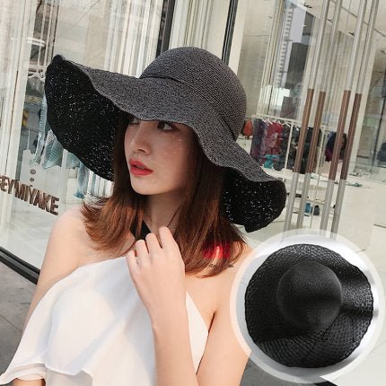 Packable Raffia Straw Hats Wide Brim Ladies Hats For Summer Accessories WAAMII Black (brim 11cm)  