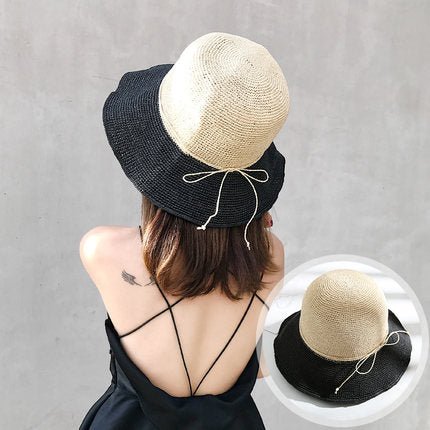 Packable Raffia Straw Hats Wide Brim Ladies Hats For Summer Accessories WAAMII beige+white  