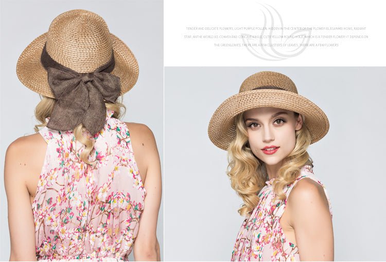 Packable Sun Hat For Women Wide Brimmed Natural Straw Hat With Butterfly Knot Accessories WAAMII   