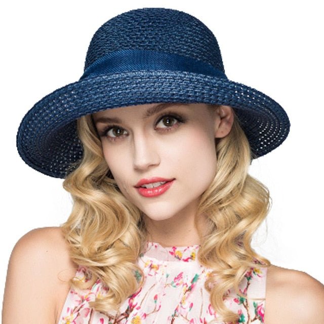 Packable Sun Hat For Women Wide Brimmed Natural Straw Hat With Butterfly Knot Accessories WAAMII Navy  