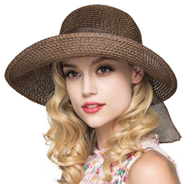 Packable Sun Hat For Women Wide Brimmed Natural Straw Hat With Butterfly Knot Accessories WAAMII Deep brown  