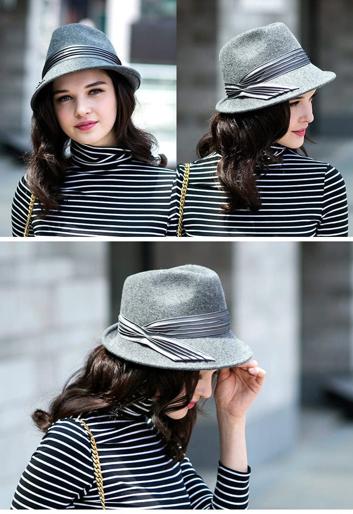 Elegant Women's Wool Fedora Trimmed With Hatband-Gray Accessories WAAMII   
