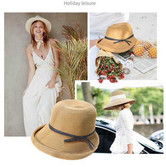 Raffia Straw Hats Crimping Beach Ladies Hat Accessories WAAMII   