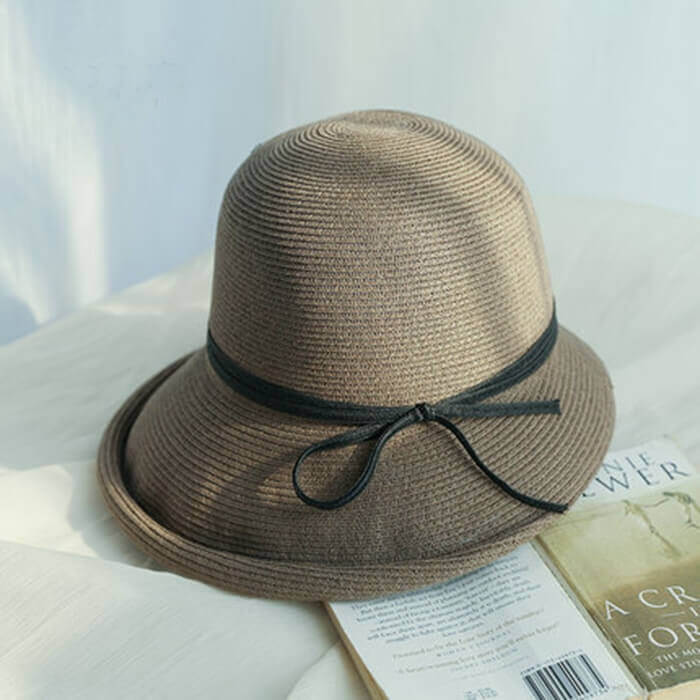 Raffia Straw Hats Crimping Beach Ladies Hat Accessories WAAMII Gray brown  
