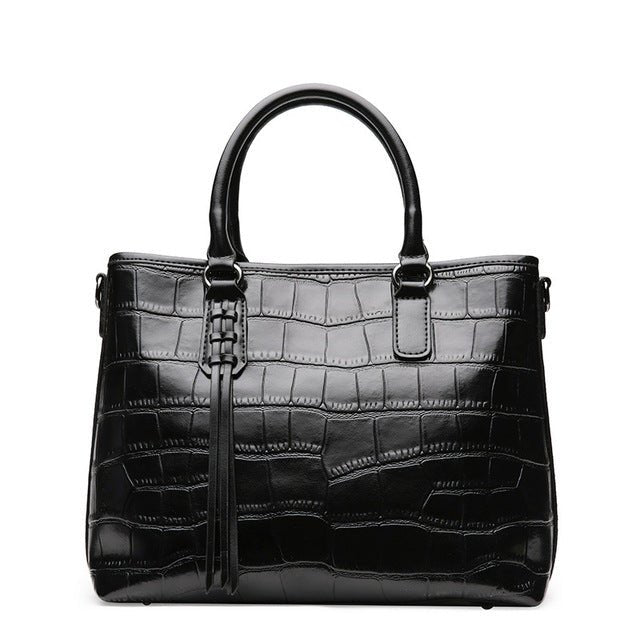 Red/Black/Brown Croco Genuine Leather Satchel Handbag With Braided Tassels bags WAAMII Black  
