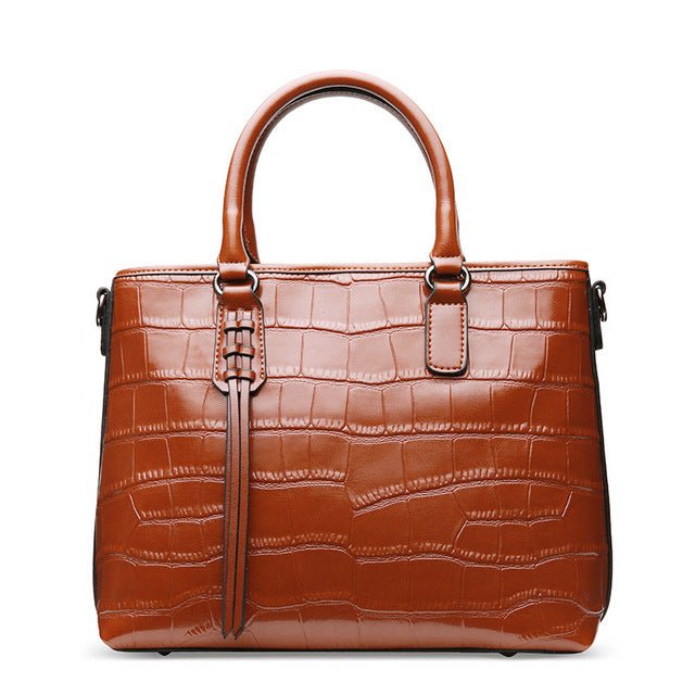 Red/Black/Brown Croco Genuine Leather Satchel Handbag With Braided Tassels bags WAAMII Brown  