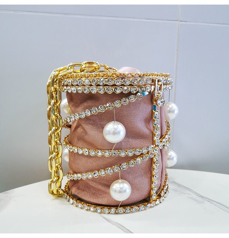 Rhinestones Big Pearls  Metal Cage Clutch bags WAAMII   