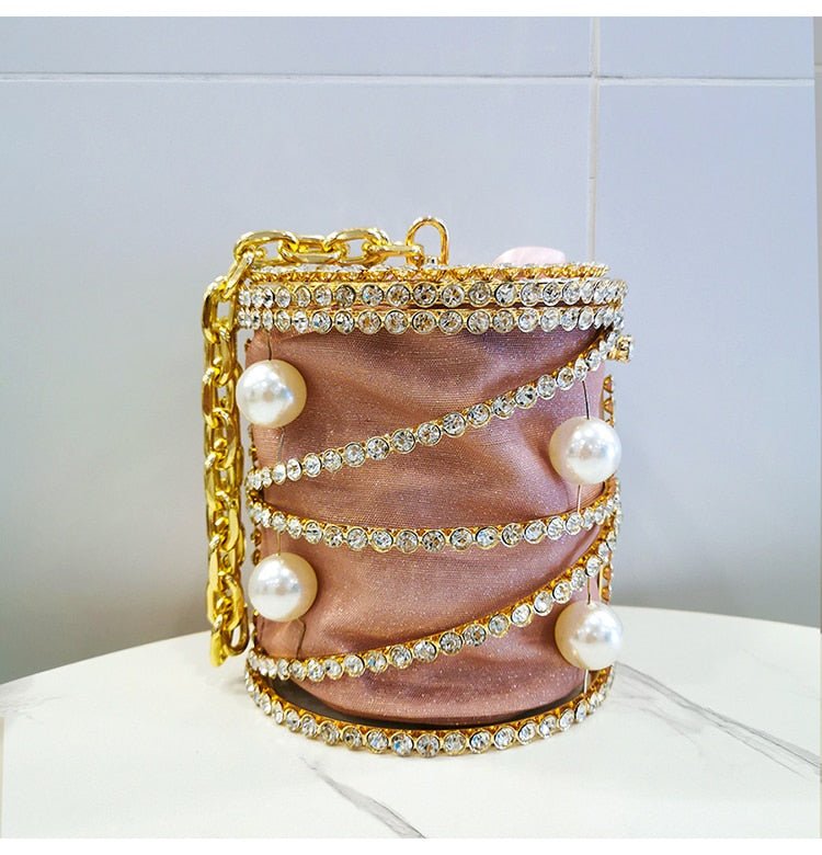 Rhinestones Big Pearls  Metal Cage Clutch bags WAAMII Pink L13 X W13 X H15cm 