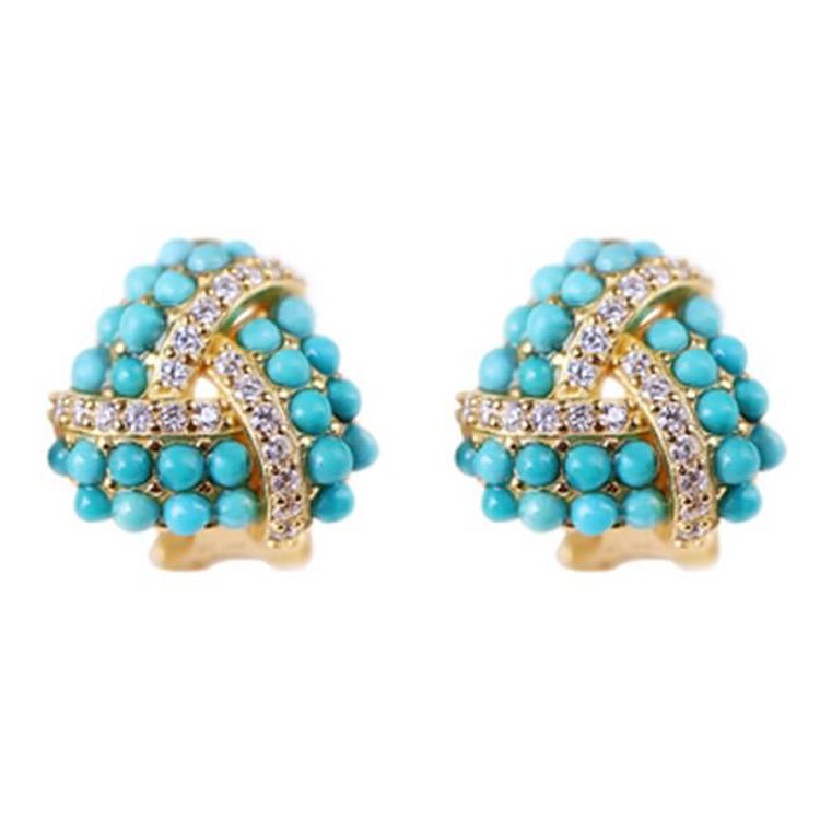 S925 Plating 18K Gold Vintage Natural Turquoise Stud Clips Jewelry WAAMII   