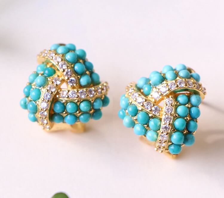 S925 Plating 18K Gold Vintage Natural Turquoise Stud Clips Jewelry WAAMII Green  