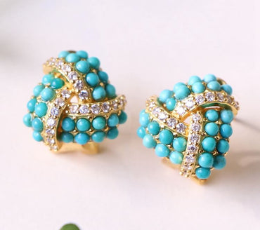 S925 Plating 18K Gold Vintage Natural Turquoise Stud Clips - Green - Luxury Jewelry by WAAMII