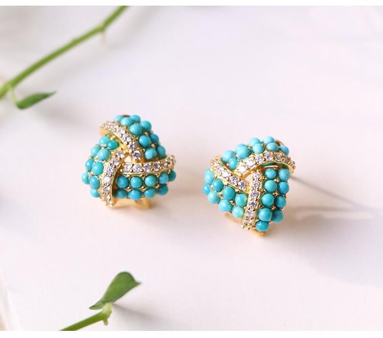 S925 Plating 18K Gold Vintage Natural Turquoise Stud Clips Jewelry WAAMII   