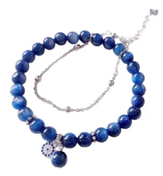 S925 Sterling Silver Genuine Blue Kyanite Semi-precious Healing Crystal Beads Bracelet Jewelry WAAMII   