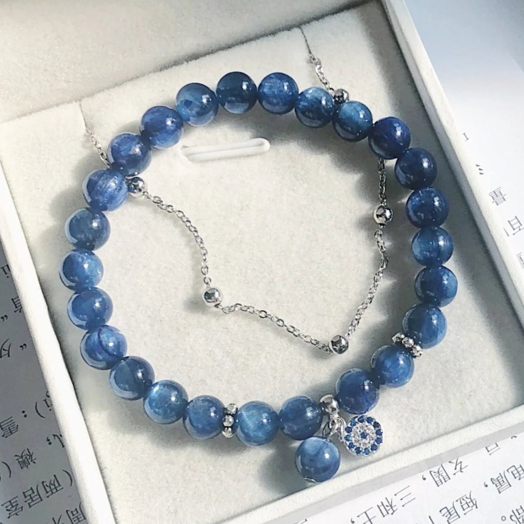S925 Sterling Silver Genuine Blue Kyanite Semi-precious Healing Crystal Beads Bracelet - - Luxury Jewelry by WAAMII