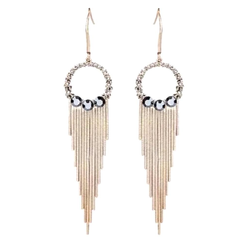 S925 Sterling Silver Post Gold-tone Bohemia Hoop Crystal Tassel Dangle Earrings Jewelry WAAMII   