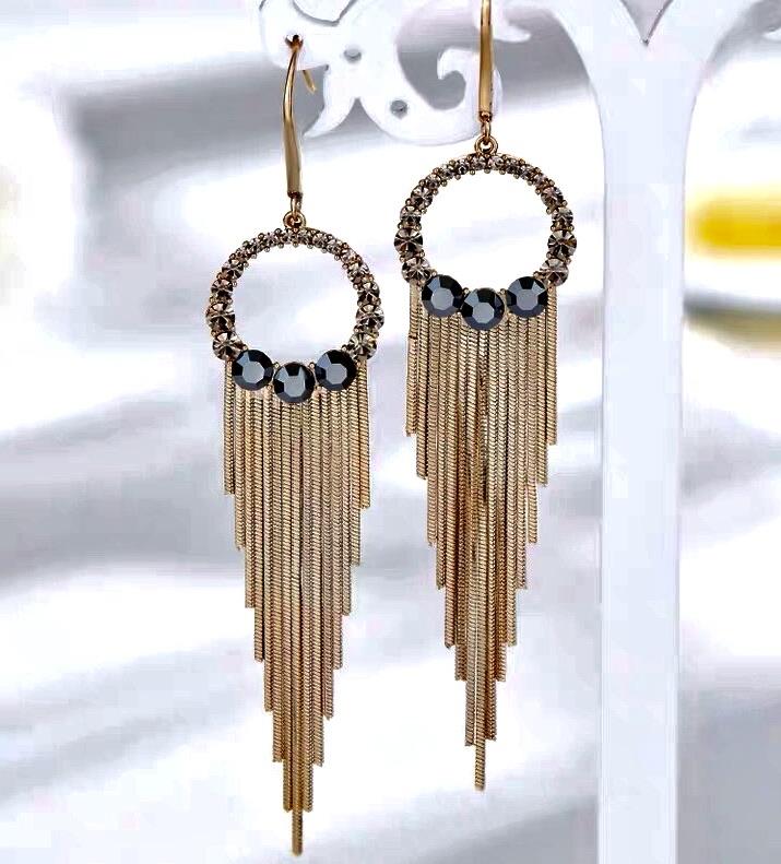 S925 Sterling Silver Post Gold-tone Bohemia Hoop Crystal Tassel Dangle Earrings Jewelry WAAMII   