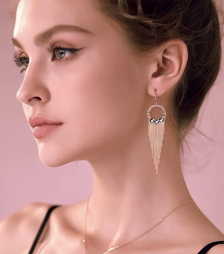 S925 Sterling Silver Post Gold-tone Bohemia Hoop Crystal Tassel Dangle Earrings Jewelry WAAMII   