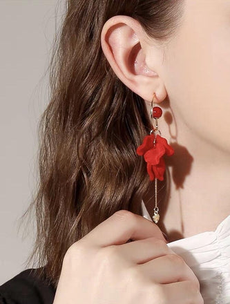 S925 Sterling Silver Post Red Wine Rose Velvet Tassel Earrings - - Luxury Jewelry by WAAMII
