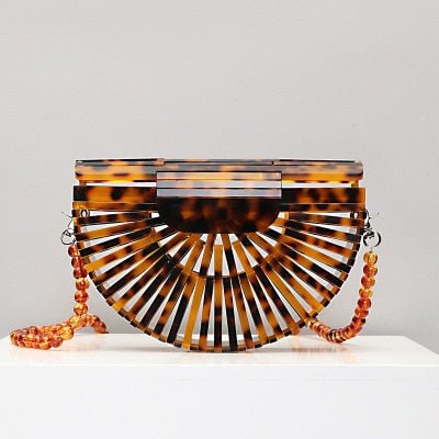 Semicircular Box Tortoise Shell Hollow Out Acrylic Clutch - brown bead - Luxury bags by WAAMII