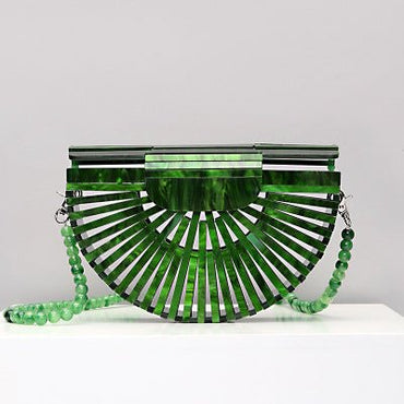 Semicircular Box Tortoise Shell Hollow Out Acrylic Clutch - green bead - Luxury bags by WAAMII