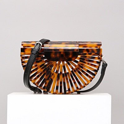 Semicircular Box Tortoise Shell Hollow Out Acrylic Clutch - brown pu - Luxury bags by WAAMII