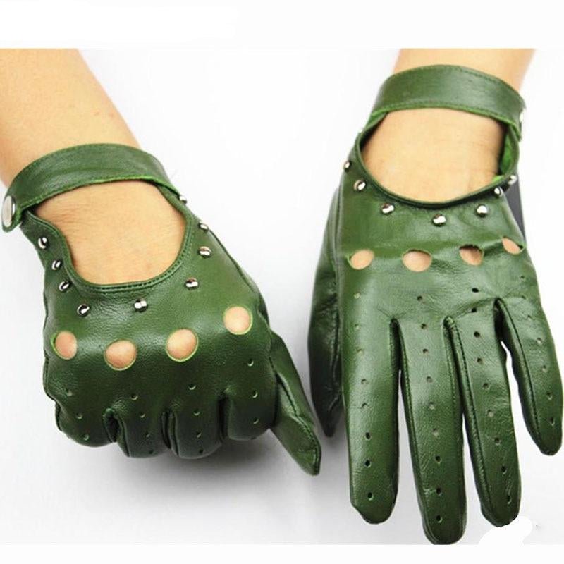 damen handschuhe leder grün Schaffell Leder Hohl Nieten Handschuhe Damen Lederhandschuhe – WAAMII