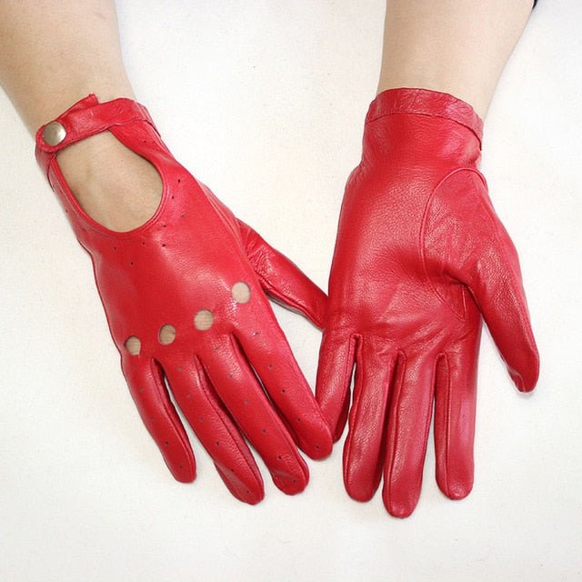 Elegant Women's Genuine Lambskin Leather Wrist Gloves with Metal Pendants  Black