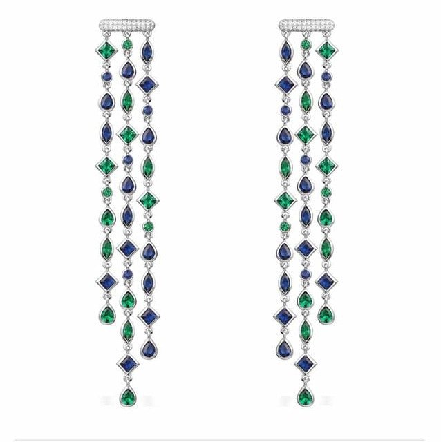 Shining Geometry Stone Tassels Long Dangle Drop Earrings Jewelry WAAMII Blue Green  