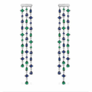Shining Geometry Stone Tassels Long Dangle Drop Earrings - Blue Green - Luxury Jewelry by WAAMII