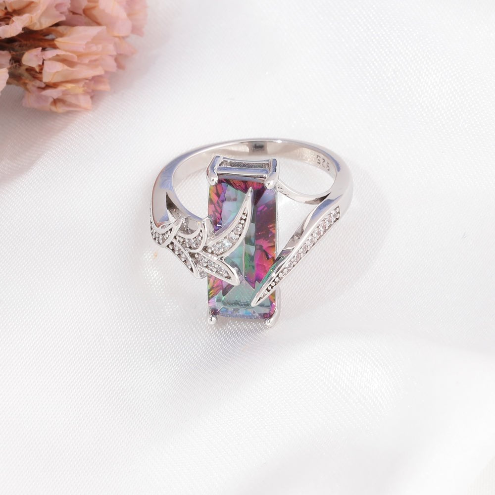 Silver Tone Vintage Rainbow Topaz Square Cut Gemstone Ring Jewelry WAAMII   