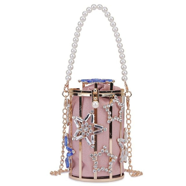 Star Diamond Hollow Cage Clutch with Pearl Chains | WAAMII Blue / 10x10x15 cm