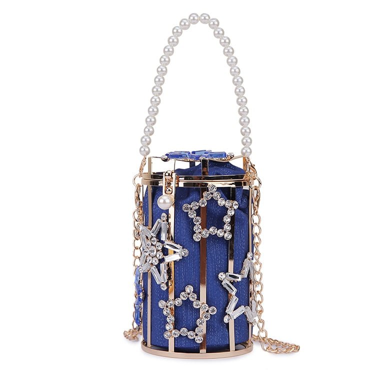 Star Diamond Hollow Cage Clutch With Pearl Chains bags WAAMII   