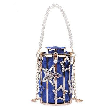 Star Diamond Hollow Cage Clutch With Pearl Chains - Blue 10x10x15 CM - Luxury bags by WAAMII