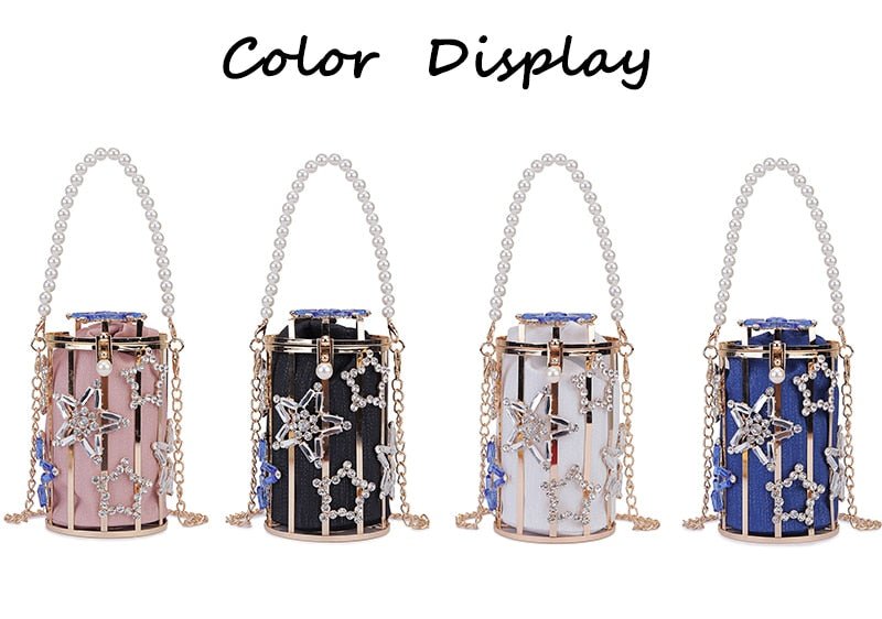 Star Diamond Hollow Cage Clutch With Pearl Chains bags WAAMII   