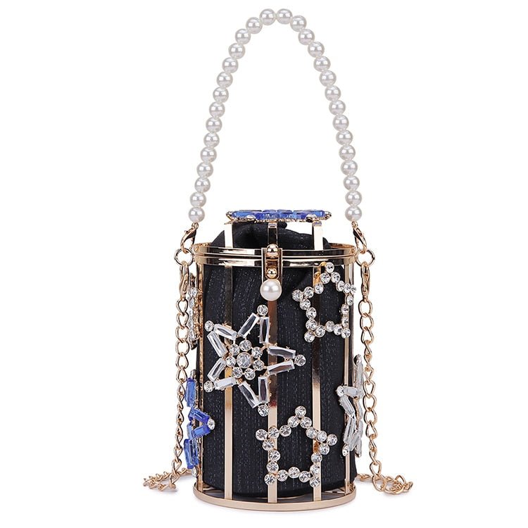 Star Diamond Hollow Cage Clutch With Pearl Chains bags WAAMII   