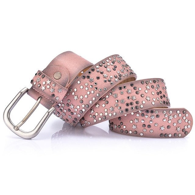Star-Studded Leather Belts Designer Belts for Women Accessories WAAMII Pink 110cm 