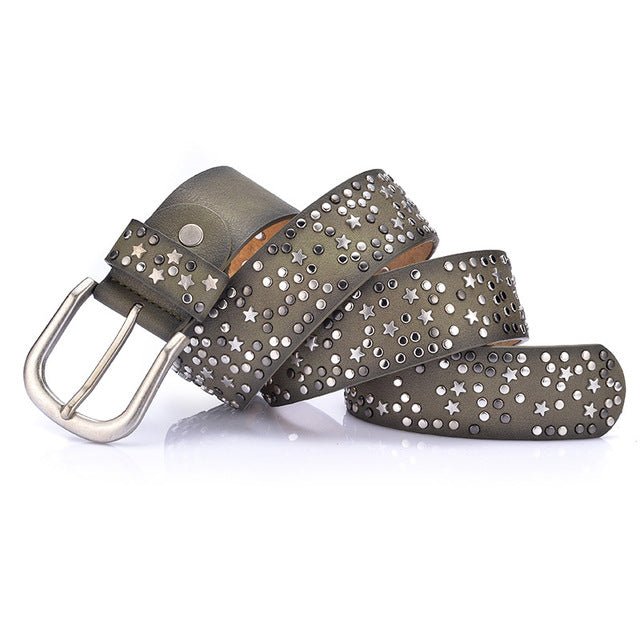 Star-Studded Leather Belts Designer Belts for Women - Gray Green 110cm - Luxury Accessories by WAAMII