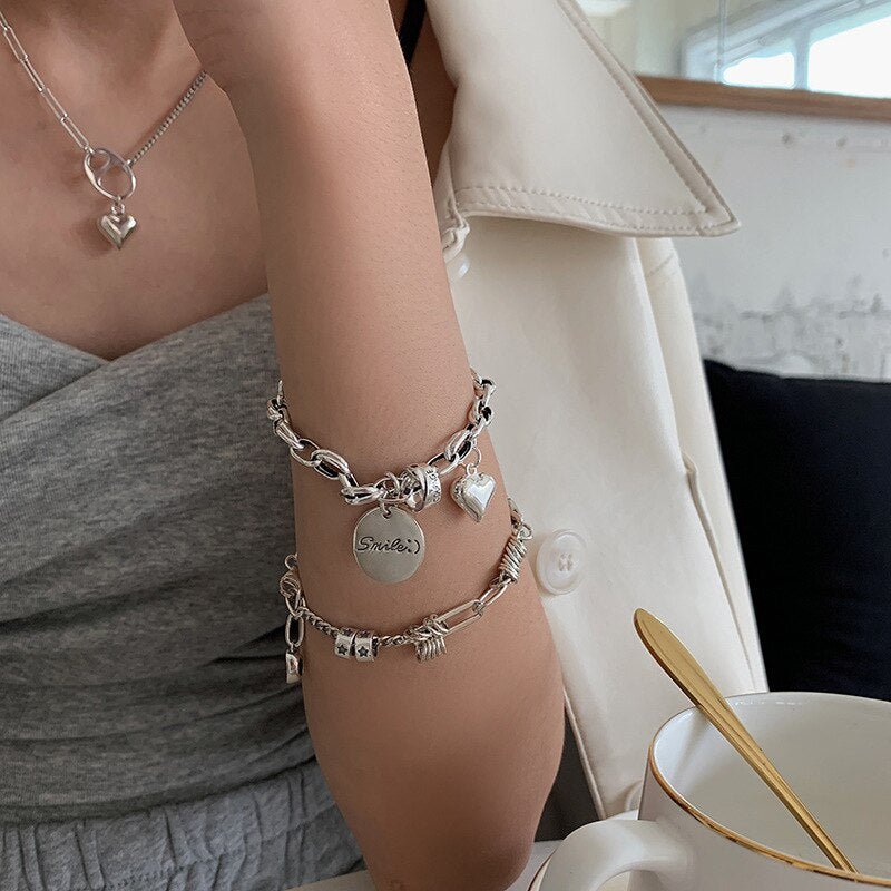 Thai Silver Vintage Geometric Heart Shaped Bracelet Jewelry WAAMII   
