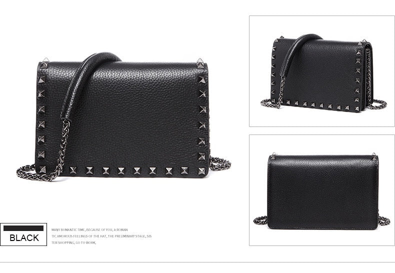 Top Grain Cow Leather Rivets Crossbody Bag with Leather Mix Metal Chain bags WAAMII   