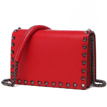 Top Grain Cow Leather Rivets Crossbody Bag with Leather Mix Metal Chain - Red - Luxury bags by WAAMII