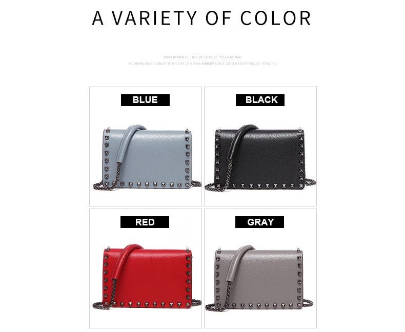 Top Grain Cow Leather Rivets Crossbody Bag with Leather Mix Metal Chain - - Luxury bags by WAAMII