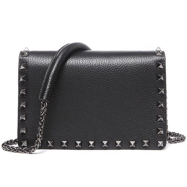 Top Grain Cow Leather Rivets Crossbody Bag with Leather Mix Metal Chain - Black - Luxury bags by WAAMII