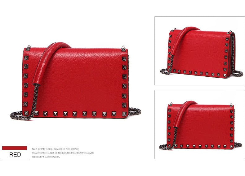 Top Grain Cow Leather Rivets Crossbody Bag with Leather Mix Metal Chain - - Luxury bags by WAAMII