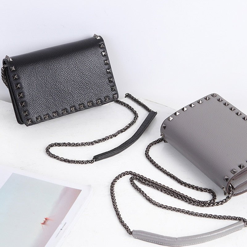 Top Grain Cow Leather Rivets Crossbody Bag with Leather Mix Metal Chain bags WAAMII   