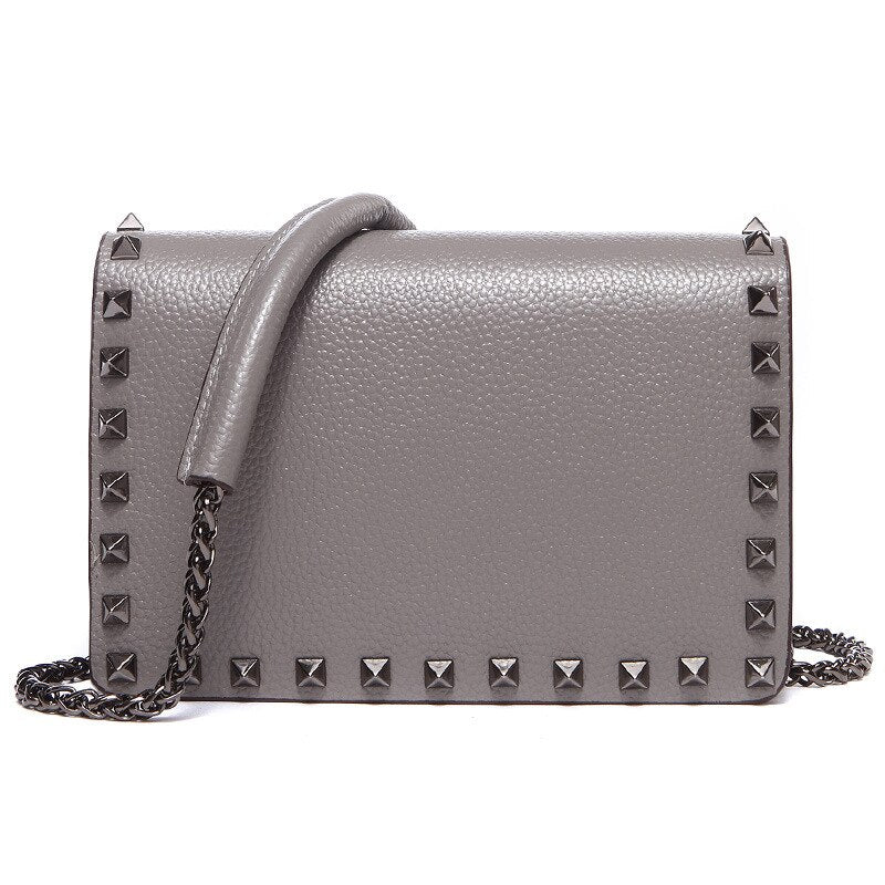 Top Grain Cow Leather Rivets Crossbody Bag with Leather Mix Metal Chain bags WAAMII Gray  