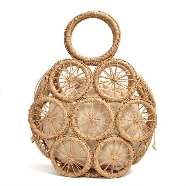 Top Handle Circular Weaving Hollow Straw Bag Beach Bag bags WAAMII brown beige lining  