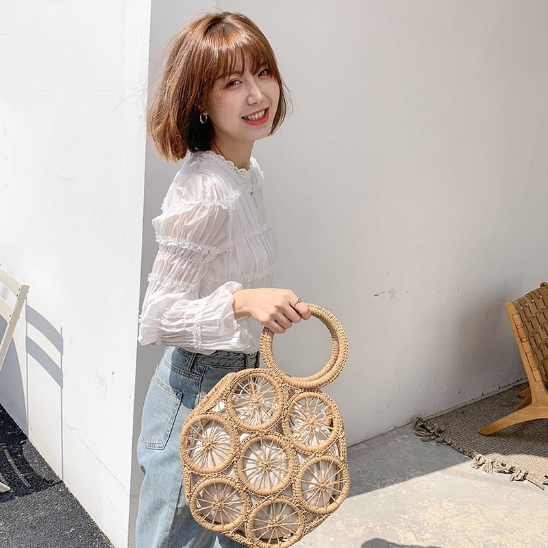 Top Handle Circular Weaving Hollow Straw Bag Beach Bag bags WAAMII   