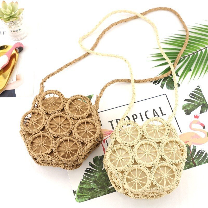 Top Handle Circular Weaving Hollow Straw Bag Beach Bag bags WAAMII   