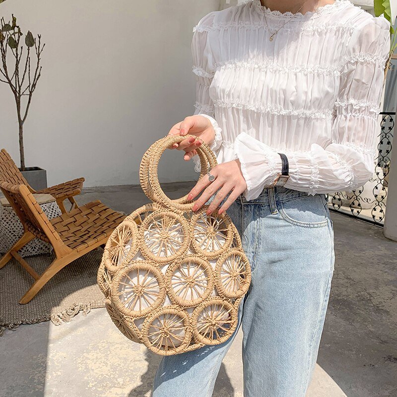 Top Handle Circular Weaving Hollow Straw Bag Beach Bag bags WAAMII   