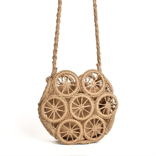 Top Handle Circular Weaving Hollow Straw Bag Beach Bag bags WAAMII brown Shoulder bag  